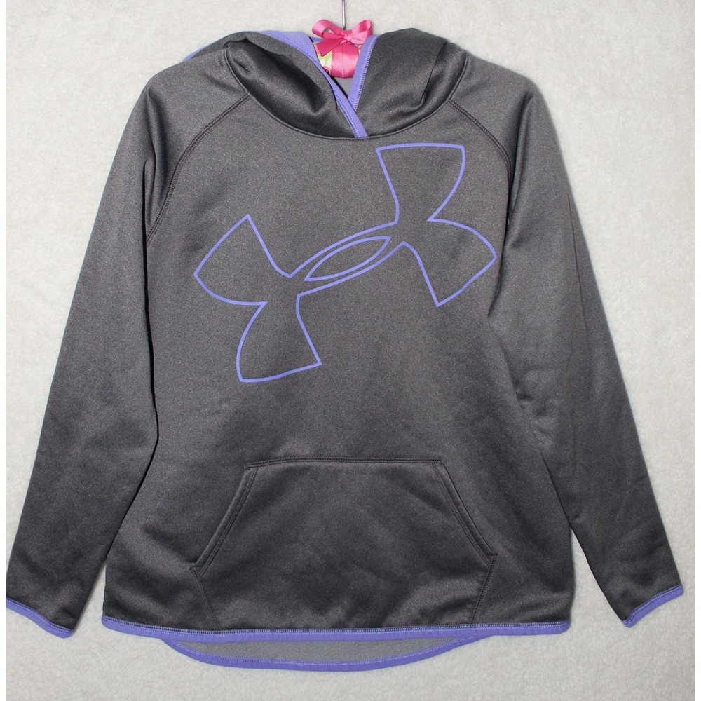Under Armour Hooded Sweatshirt in Gray with Purple Logo & Kangaroo Pocket